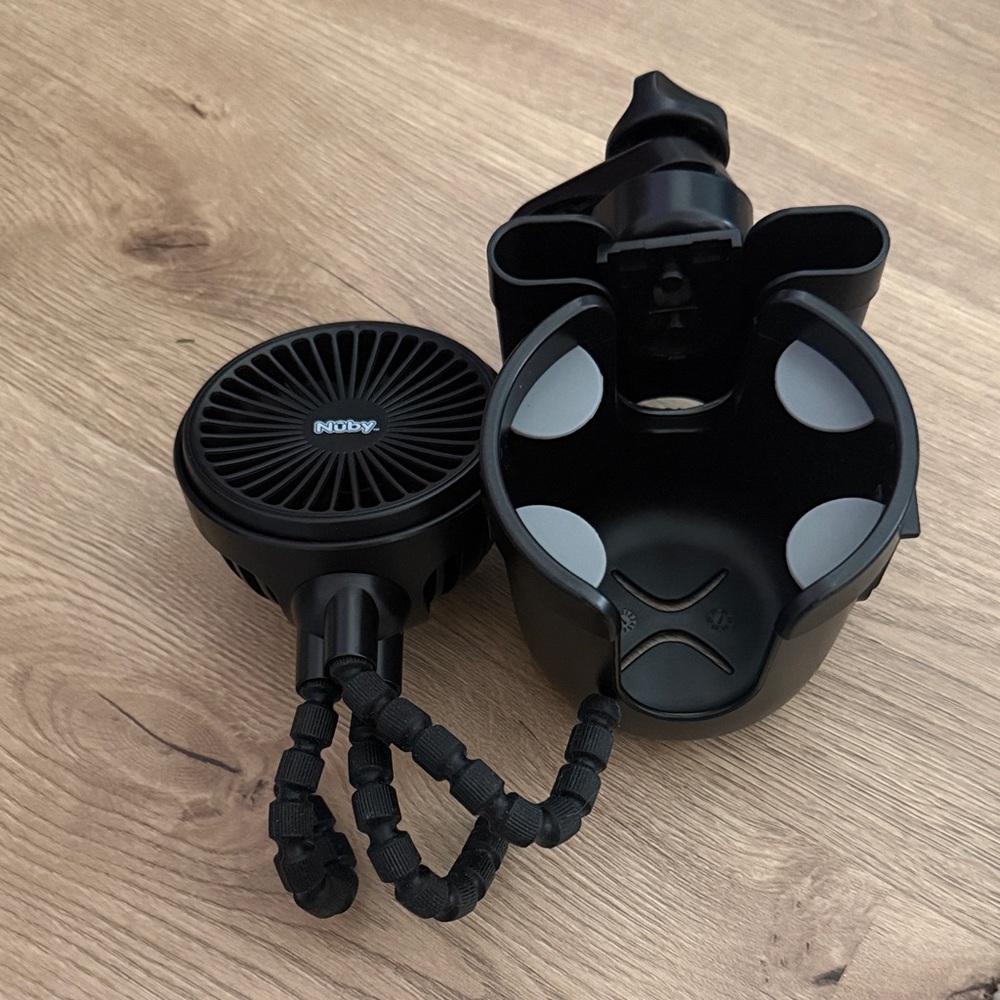 Nuby Black Stroller Cup Holder & fan bundle